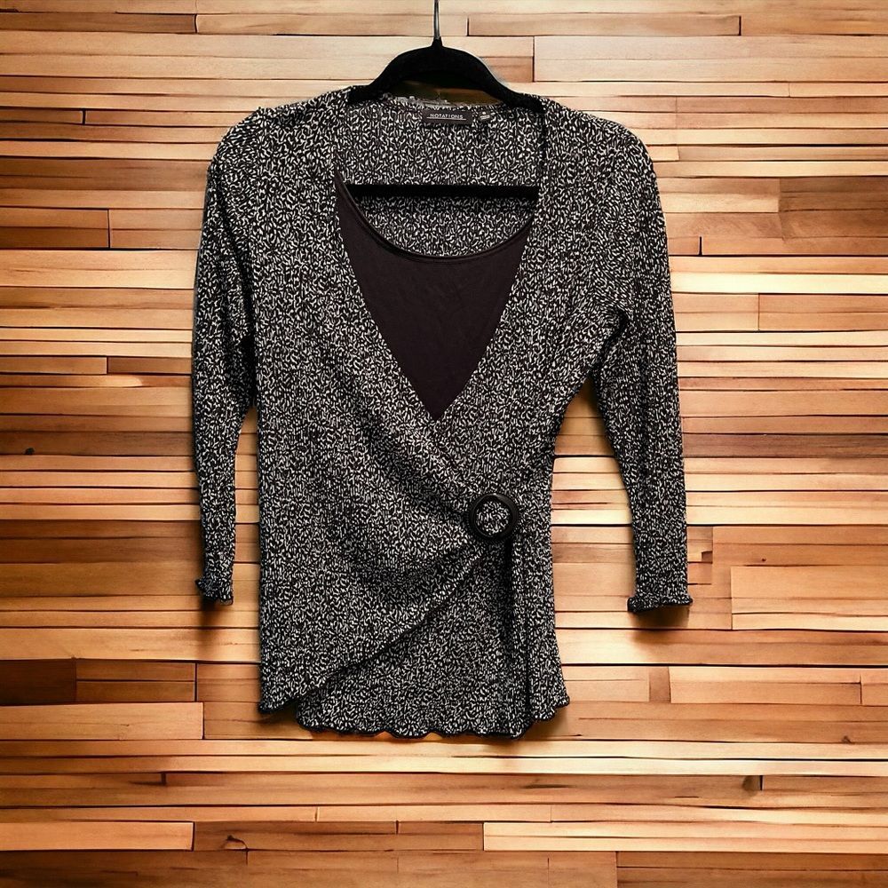 Notations Black /White Long Sleeve Blouse with Black Inset Shirt Sz Small